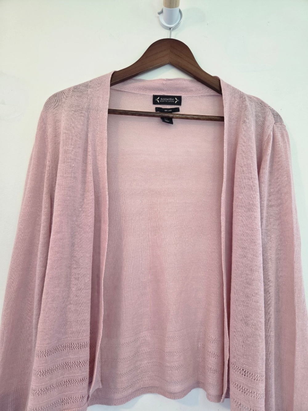100% Linen pink open cardigan S crochet coastal minimalist office luxury preppy